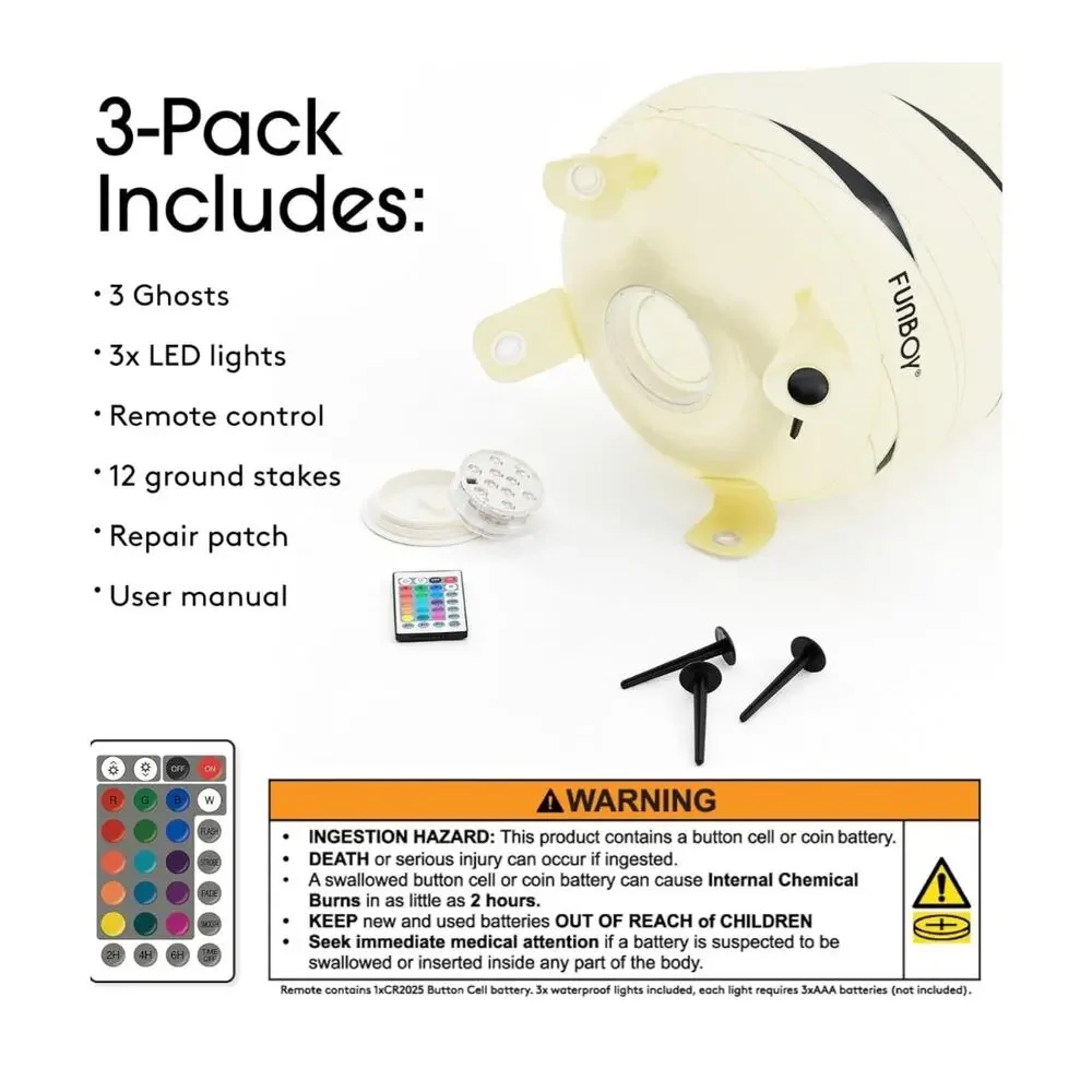 FUNBOY Light-Up Inflatable Halloween Mummy Ghosts, 3-Piece Cordless Set